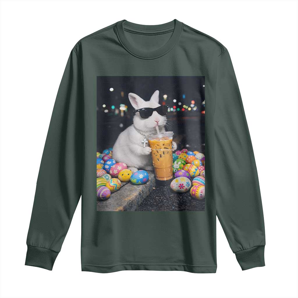 Cool Easter Bunny Drinking Iced Coffee Graphic Long Sleeve Shirt Funny Sunglasses Rabbit Spring Aesthetic TS02 Dark Forest Green Print Your Wear