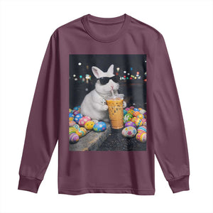 Cool Easter Bunny Drinking Iced Coffee Graphic Long Sleeve Shirt Funny Sunglasses Rabbit Spring Aesthetic TS02 Maroon Print Your Wear