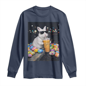 Cool Easter Bunny Drinking Iced Coffee Graphic Long Sleeve Shirt Funny Sunglasses Rabbit Spring Aesthetic TS02 Navy Print Your Wear