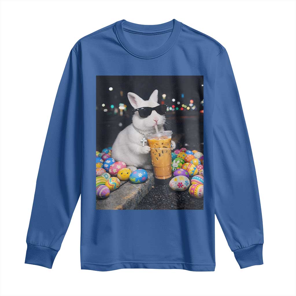 Cool Easter Bunny Drinking Iced Coffee Graphic Long Sleeve Shirt Funny Sunglasses Rabbit Spring Aesthetic TS02 Royal Blue Print Your Wear