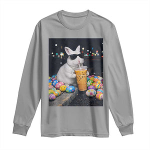 Cool Easter Bunny Drinking Iced Coffee Graphic Long Sleeve Shirt Funny Sunglasses Rabbit Spring Aesthetic TS02 Sport Gray Print Your Wear