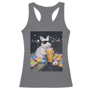 Cool Easter Bunny Drinking Iced Coffee Graphic Racerback Tank Top Funny Sunglasses Rabbit Spring Aesthetic TS02 Charcoal Print Your Wear