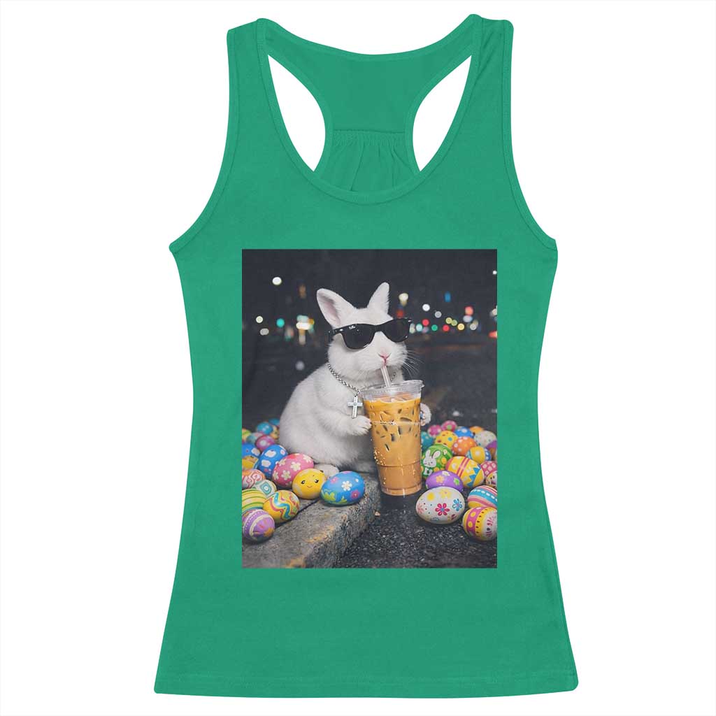Cool Easter Bunny Drinking Iced Coffee Graphic Racerback Tank Top Funny Sunglasses Rabbit Spring Aesthetic TS02 Irish Green Print Your Wear