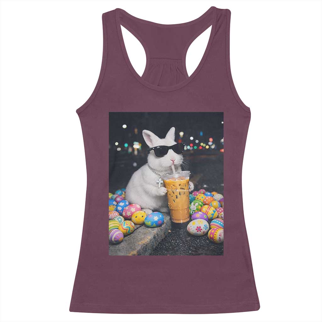 Cool Easter Bunny Drinking Iced Coffee Graphic Racerback Tank Top Funny Sunglasses Rabbit Spring Aesthetic TS02 Maroon Print Your Wear