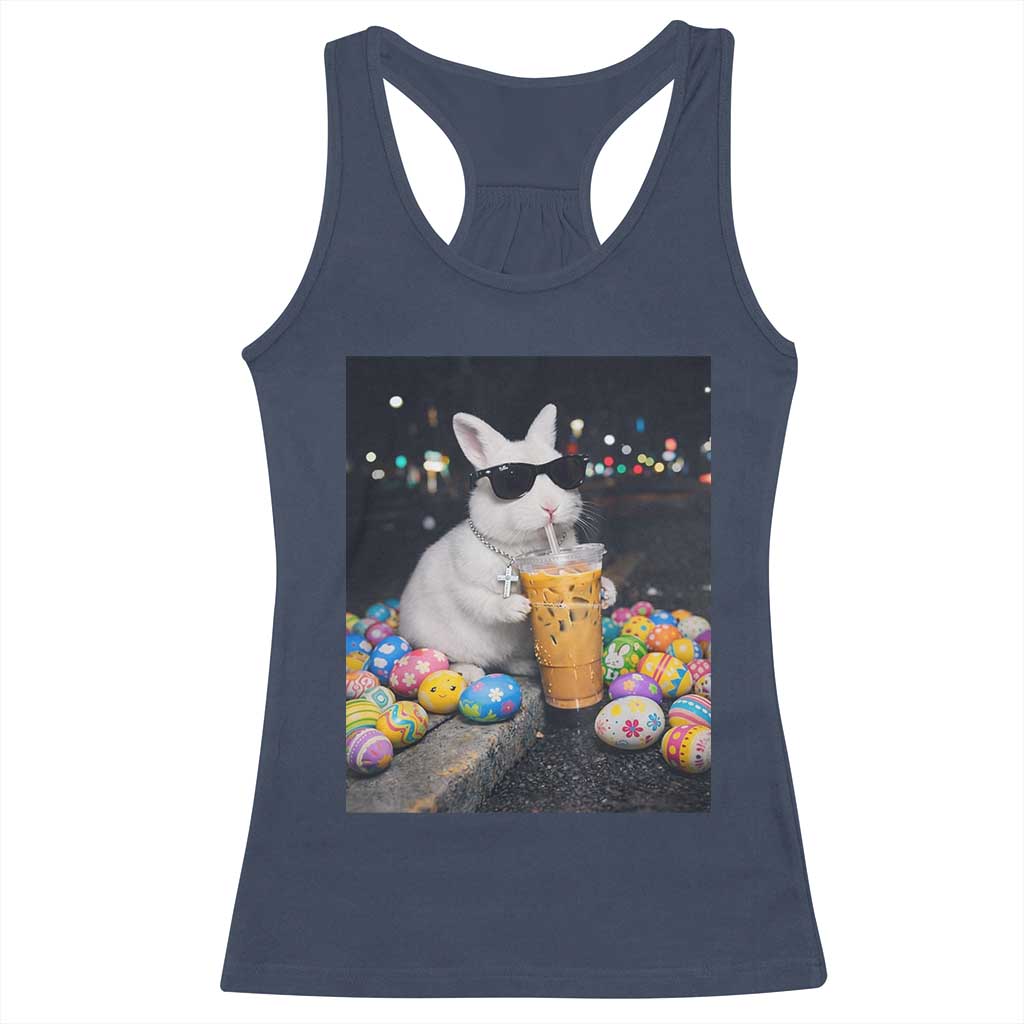Cool Easter Bunny Drinking Iced Coffee Graphic Racerback Tank Top Funny Sunglasses Rabbit Spring Aesthetic TS02 Navy Print Your Wear