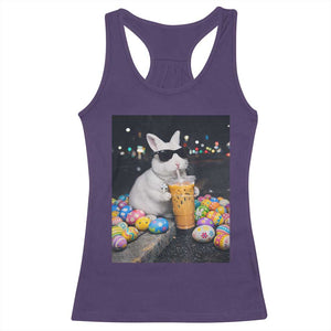 Cool Easter Bunny Drinking Iced Coffee Graphic Racerback Tank Top Funny Sunglasses Rabbit Spring Aesthetic TS02 Purple Print Your Wear