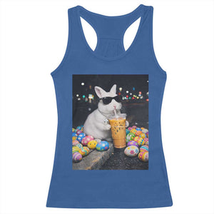 Cool Easter Bunny Drinking Iced Coffee Graphic Racerback Tank Top Funny Sunglasses Rabbit Spring Aesthetic TS02 Royal Blue Print Your Wear