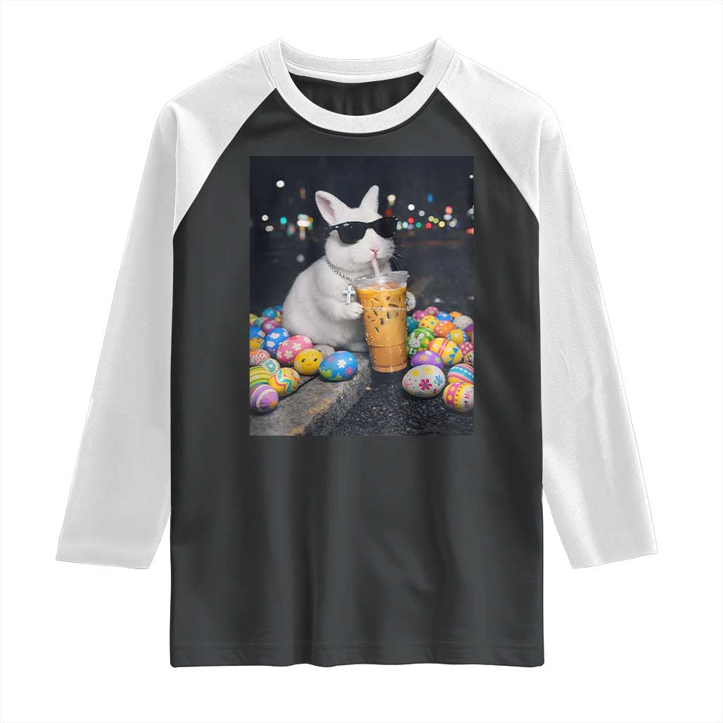 Cool Easter Bunny Drinking Iced Coffee Graphic Raglan Shirt Funny Sunglasses Rabbit Spring Aesthetic TS02 Black White Print Your Wear