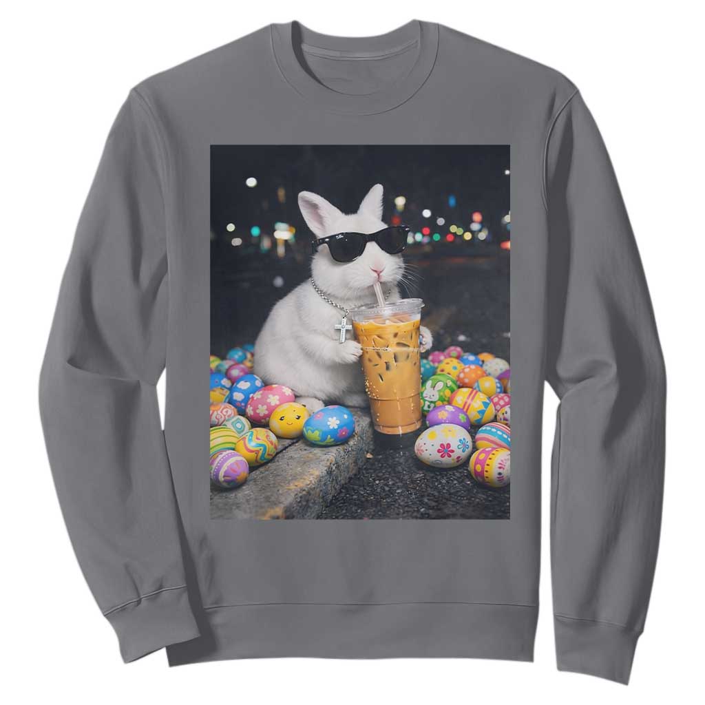 Cool Easter Bunny Drinking Iced Coffee Graphic Sweatshirt Funny Sunglasses Rabbit Spring Aesthetic TS02 Charcoal Print Your Wear