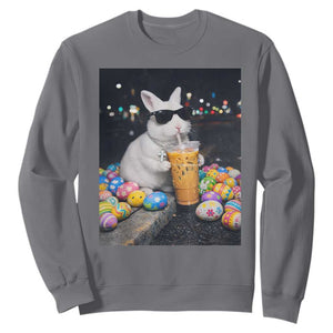 Cool Easter Bunny Drinking Iced Coffee Graphic Sweatshirt Funny Sunglasses Rabbit Spring Aesthetic TS02 Charcoal Print Your Wear