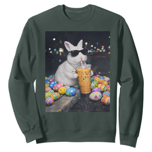 Cool Easter Bunny Drinking Iced Coffee Graphic Sweatshirt Funny Sunglasses Rabbit Spring Aesthetic TS02 Dark Forest Green Print Your Wear