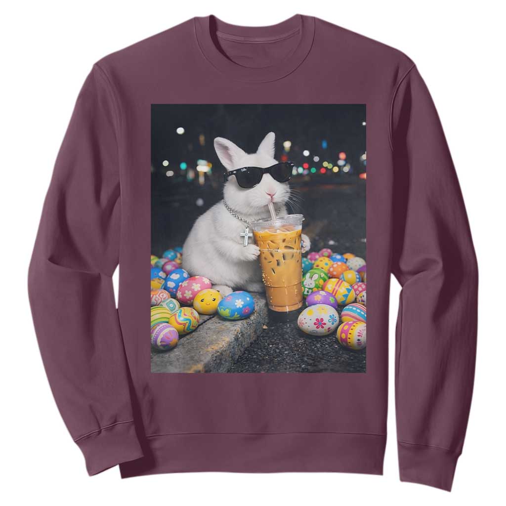 Cool Easter Bunny Drinking Iced Coffee Graphic Sweatshirt Funny Sunglasses Rabbit Spring Aesthetic TS02 Maroon Print Your Wear