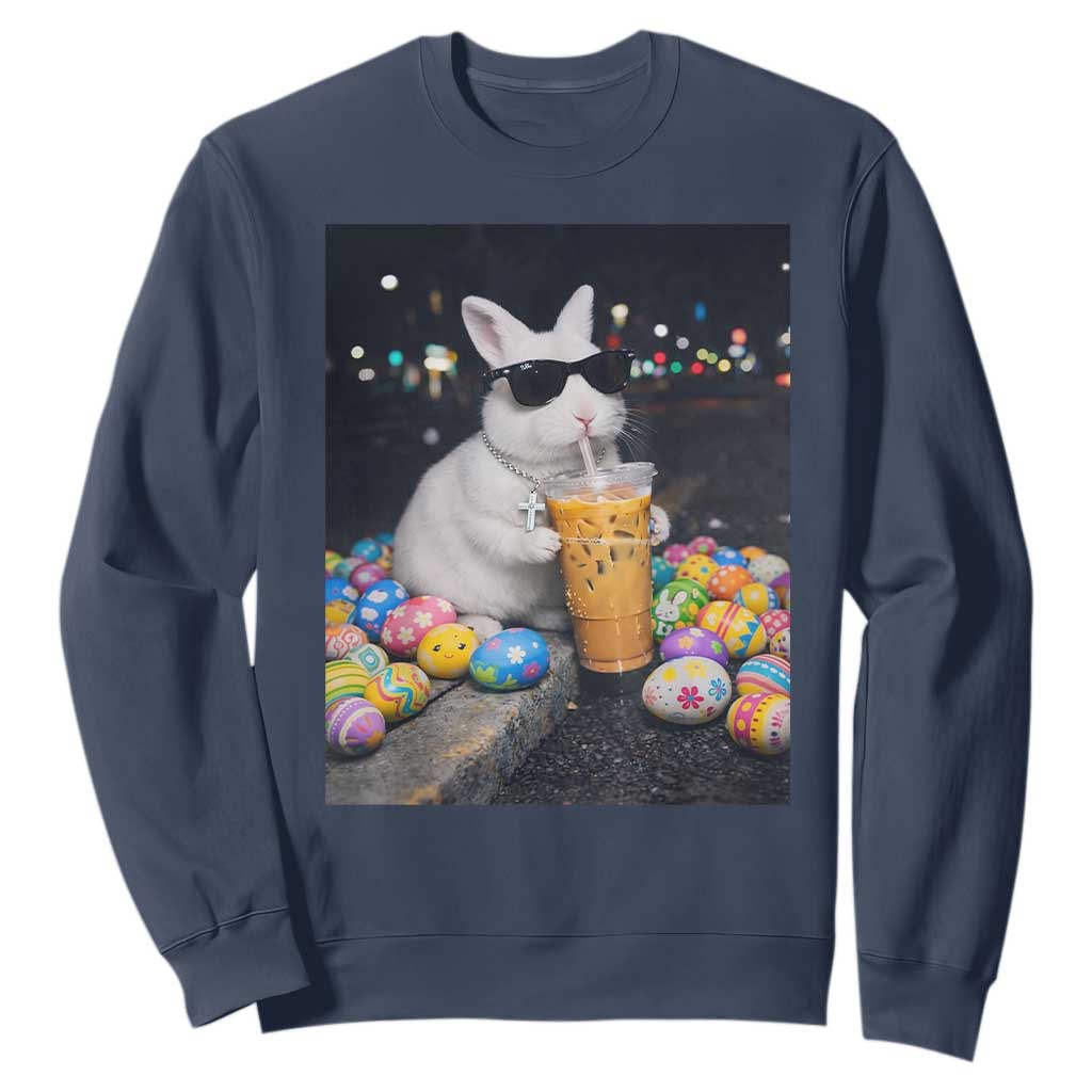 Cool Easter Bunny Drinking Iced Coffee Graphic Sweatshirt Funny Sunglasses Rabbit Spring Aesthetic TS02 Navy Print Your Wear