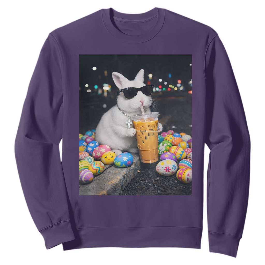 Cool Easter Bunny Drinking Iced Coffee Graphic Sweatshirt Funny Sunglasses Rabbit Spring Aesthetic TS02 Purple Print Your Wear