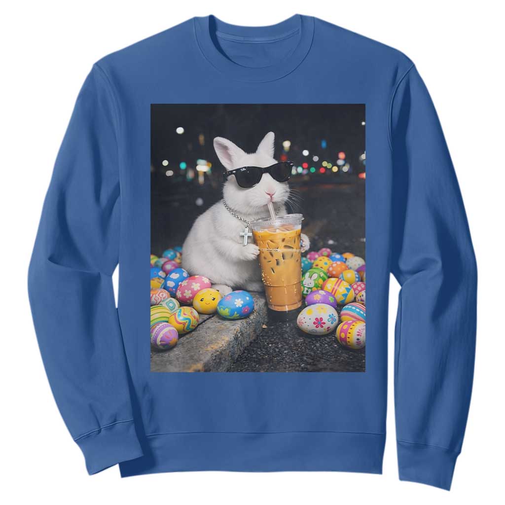 Cool Easter Bunny Drinking Iced Coffee Graphic Sweatshirt Funny Sunglasses Rabbit Spring Aesthetic TS02 Royal Blue Print Your Wear