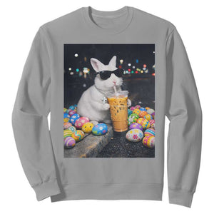 Cool Easter Bunny Drinking Iced Coffee Graphic Sweatshirt Funny Sunglasses Rabbit Spring Aesthetic TS02 Sport Gray Print Your Wear