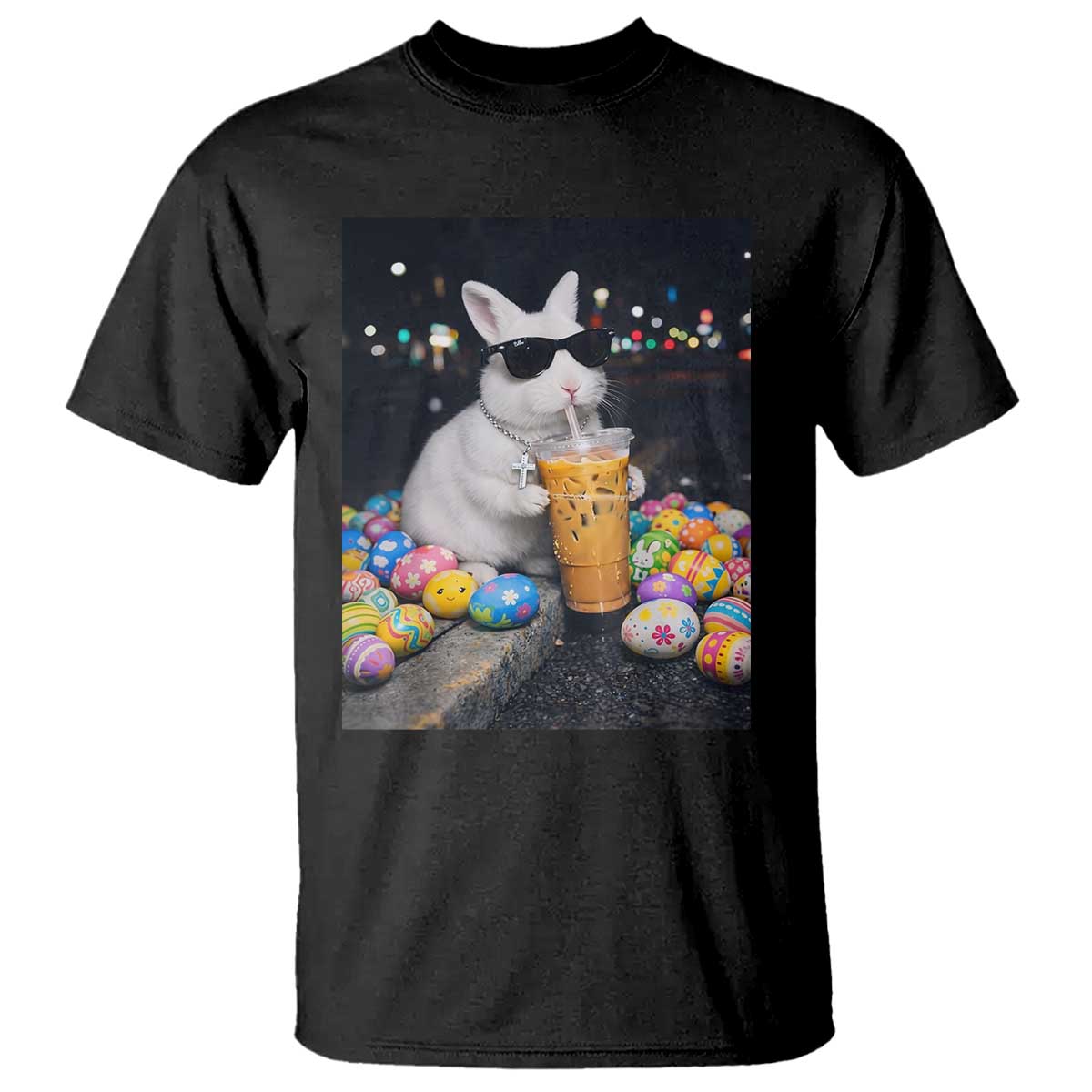 Cool Easter Bunny Drinking Iced Coffee Graphic T Shirt Funny Sunglasses Rabbit Spring Aesthetic TS02 Black Print Your Wear