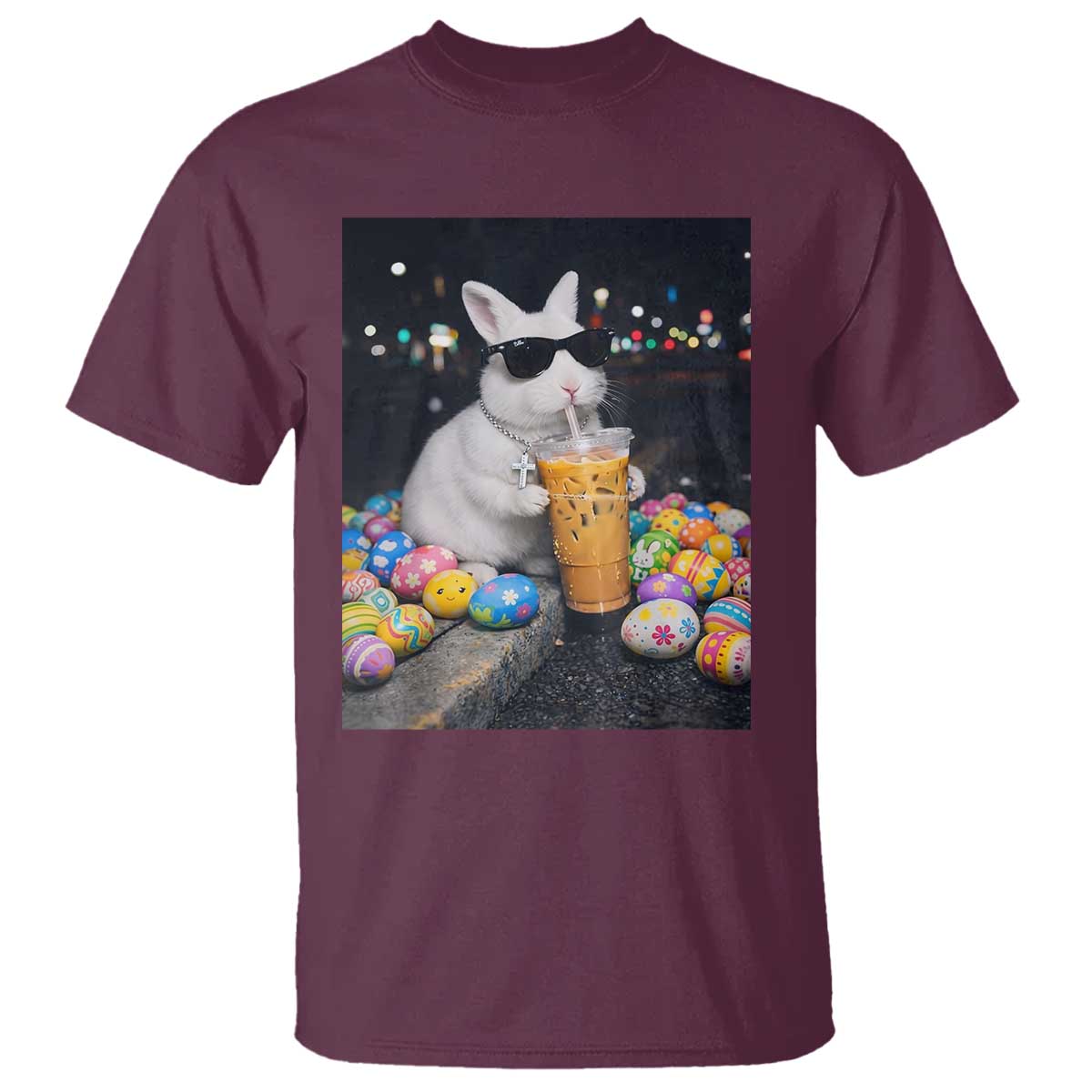 Cool Easter Bunny Drinking Iced Coffee Graphic T Shirt Funny Sunglasses Rabbit Spring Aesthetic TS02 Maroon Print Your Wear