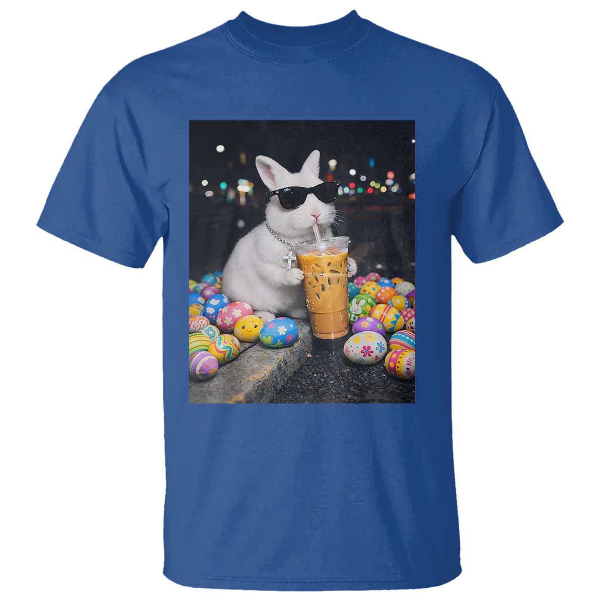 Cool Easter Bunny Drinking Iced Coffee Graphic T Shirt Funny Sunglasses Rabbit Spring Aesthetic TS02 Royal Blue Print Your Wear
