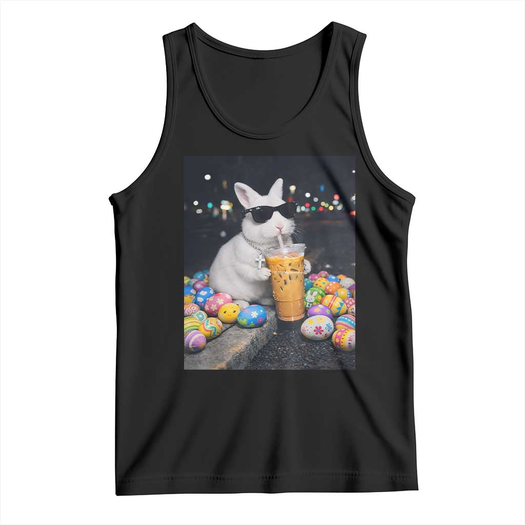 Cool Easter Bunny Drinking Iced Coffee Graphic Tank Top Funny Sunglasses Rabbit Spring Aesthetic TS02 Black Print Your Wear