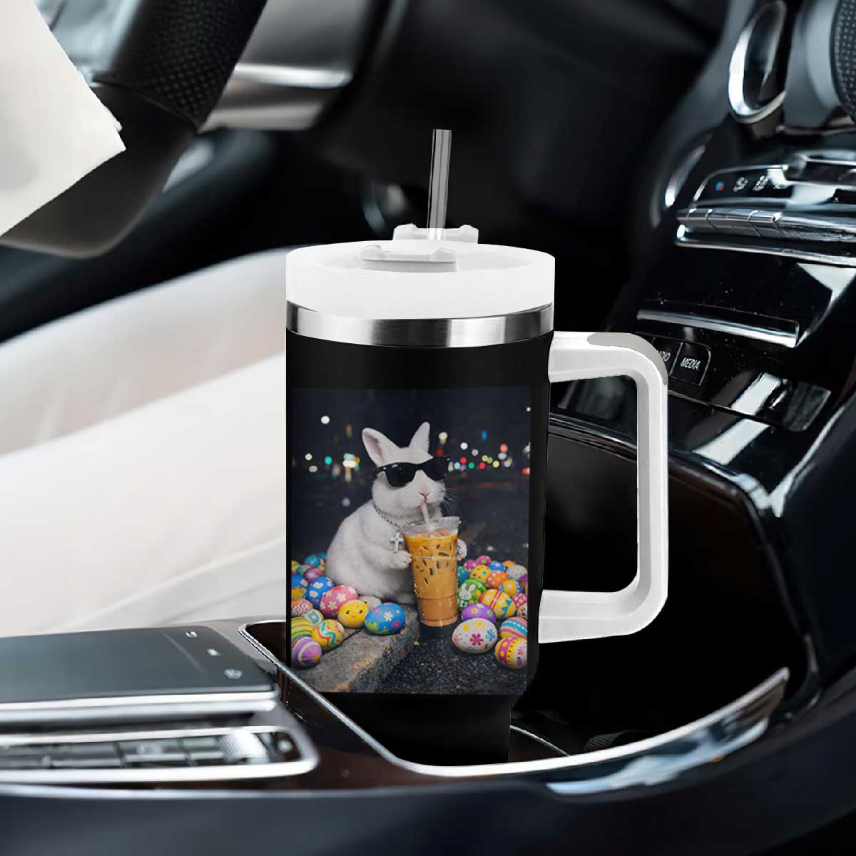 Cool Easter Bunny Drinking Iced Coffee Graphic Tumbler With Handle Funny Sunglasses Rabbit Spring Aesthetic TS02 Print Your Wear