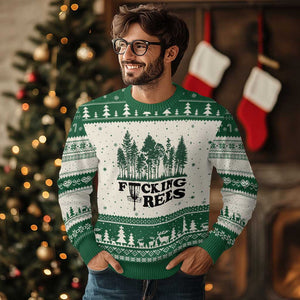 Funny Forest Disc Golf Humor Fcking Trees Ugly Christmas Sweater TS02 Beige Green Print Your Wear