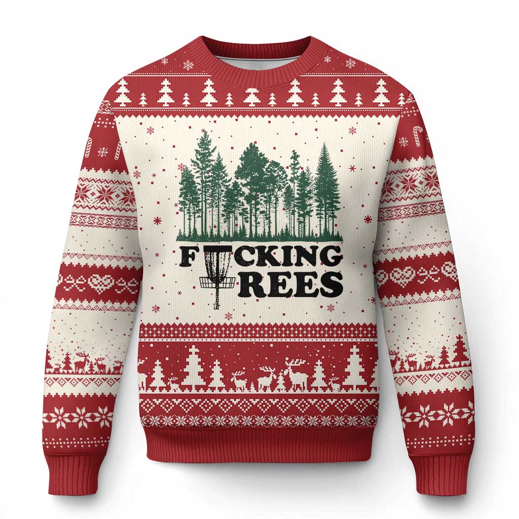Funny Forest Disc Golf Humor Fcking Trees Ugly Christmas Sweater TS02 Beige Red Print Your Wear