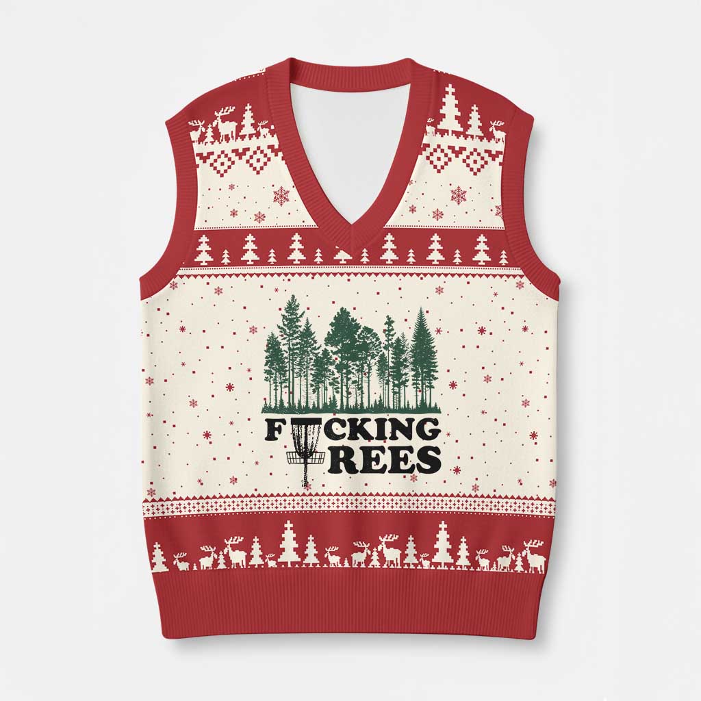 Funny Forest Disc Golf Humor Fcking Trees V-Neck Knit Sweater Vest TS02 Beige Red Print Your Wear