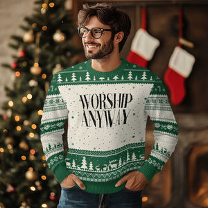 Worship Anyway Inspirational Christian Faith Statement Ugly Christmas Sweater TS02 Beige Green Print Your Wear
