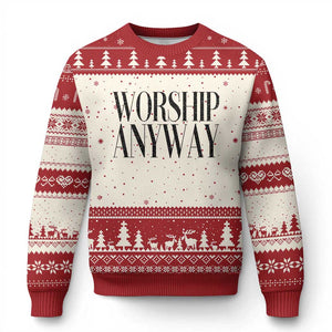Worship Anyway Inspirational Christian Faith Statement Ugly Christmas Sweater TS02 Beige Red Print Your Wear