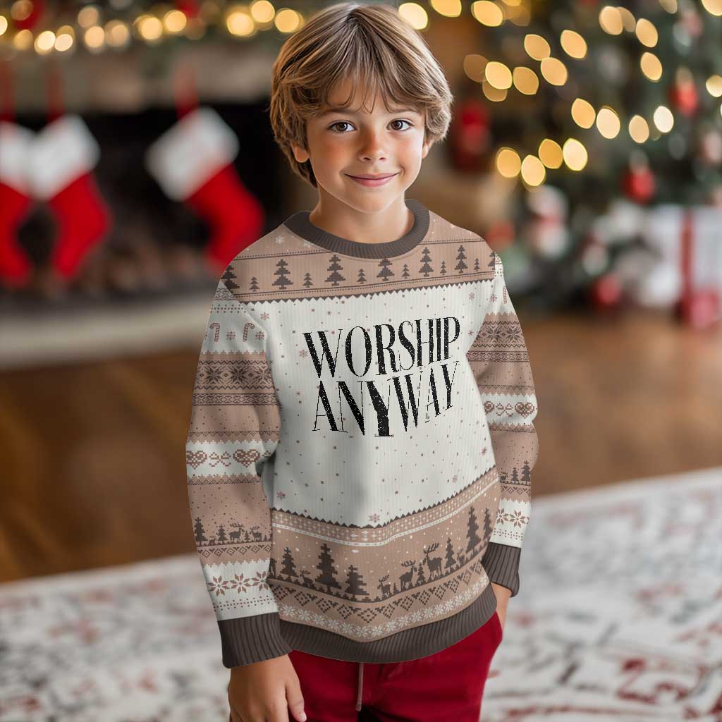 Worship Anyway Inspirational Christian Faith Statement Ugly Christmas Sweater TS02 Mocha Mousse Print Your Wear