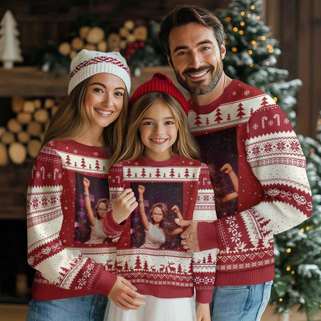 Funny Angry Doll Face Meme Graphic Ugly Christmas Sweater Unhinged Baby Stankface Reaction TS02 Red Beige Print Your Wear