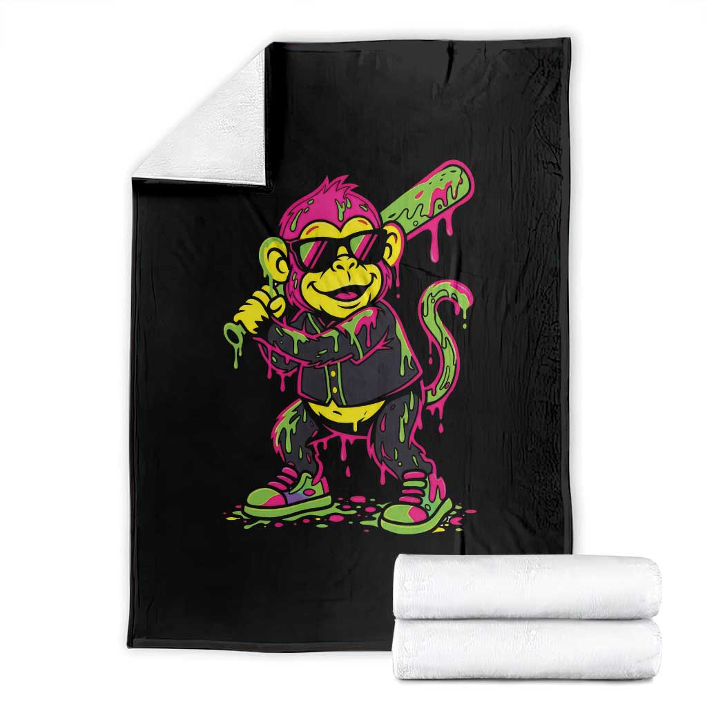 Neon Dripping Monkey Baseball Graphic Throw Blanket Ball Party Game Day Vibes TS02 Black Print Your Wear