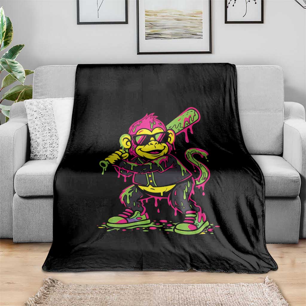 Neon Dripping Monkey Baseball Graphic Throw Blanket Ball Party Game Day Vibes TS02 Print Your Wear