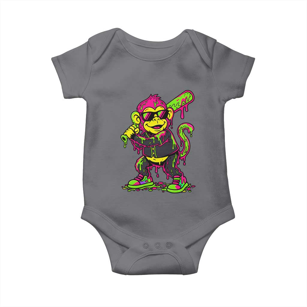 Neon Dripping Monkey Baseball Graphic Baby Onesie Ball Party Game Day Vibes TS02 Charcoal Print Your Wear