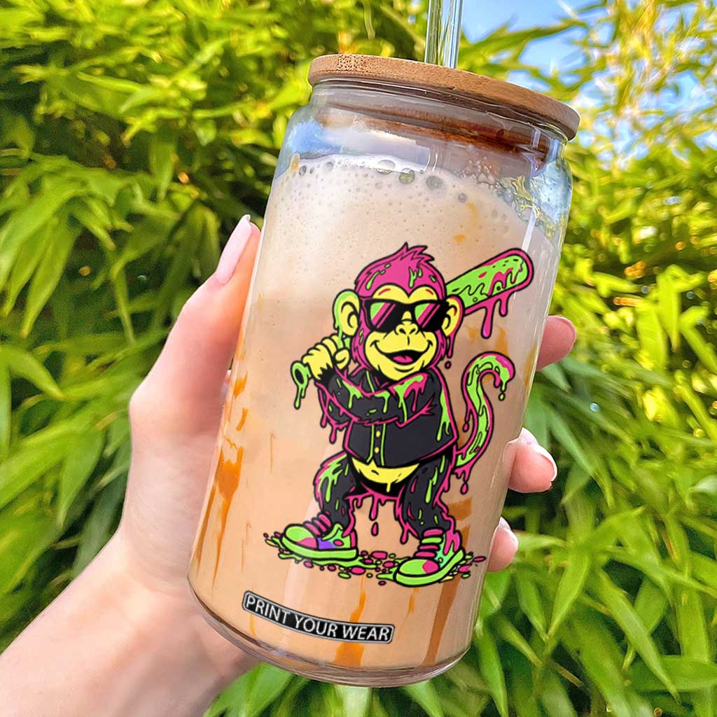Neon Dripping Monkey Baseball Graphic Glass Can Ball Party Game Day Vibes TS02 Black Print Your Wear