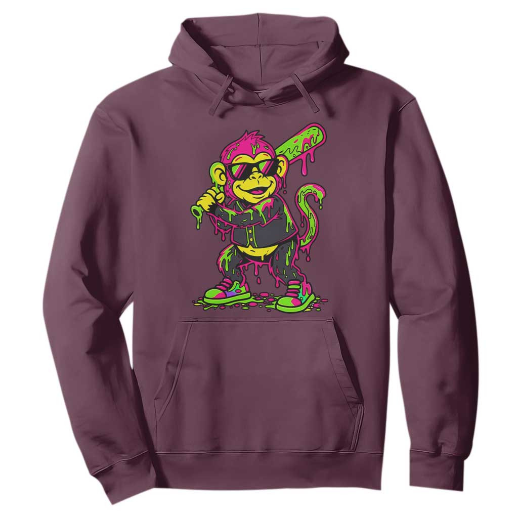 Neon Dripping Monkey Baseball Graphic Hoodie Ball Party Game Day Vibes TS02 Maroon Print Your Wear