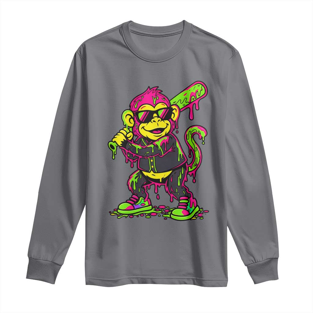 Neon Dripping Monkey Baseball Graphic Long Sleeve Shirt Ball Party Game Day Vibes TS02 Charcoal Print Your Wear