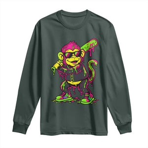Neon Dripping Monkey Baseball Graphic Long Sleeve Shirt Ball Party Game Day Vibes TS02 Dark Forest Green Print Your Wear