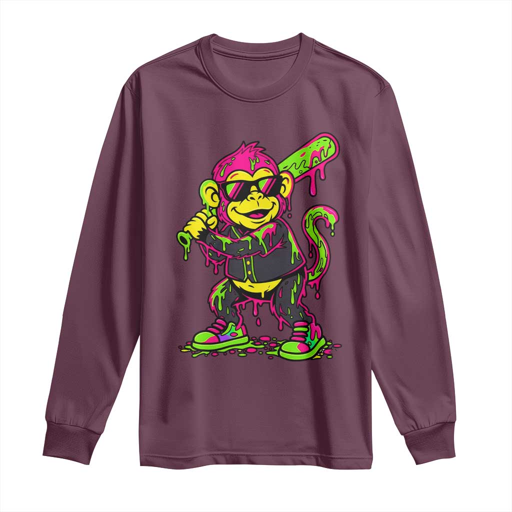 Neon Dripping Monkey Baseball Graphic Long Sleeve Shirt Ball Party Game Day Vibes TS02 Maroon Print Your Wear