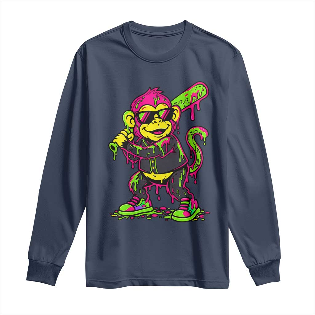 Neon Dripping Monkey Baseball Graphic Long Sleeve Shirt Ball Party Game Day Vibes TS02 Navy Print Your Wear