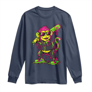 Neon Dripping Monkey Baseball Graphic Long Sleeve Shirt Ball Party Game Day Vibes TS02 Navy Print Your Wear