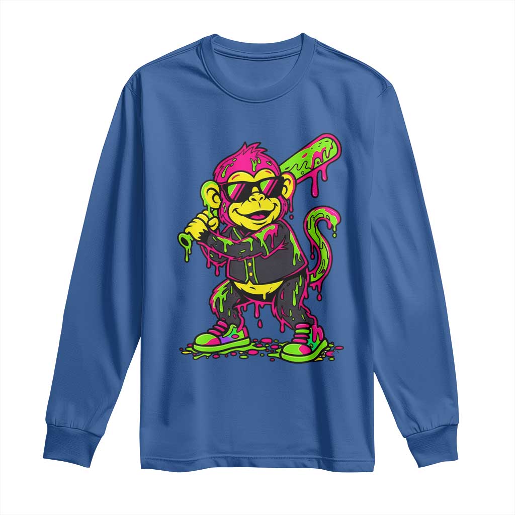 Neon Dripping Monkey Baseball Graphic Long Sleeve Shirt Ball Party Game Day Vibes TS02 Royal Blue Print Your Wear
