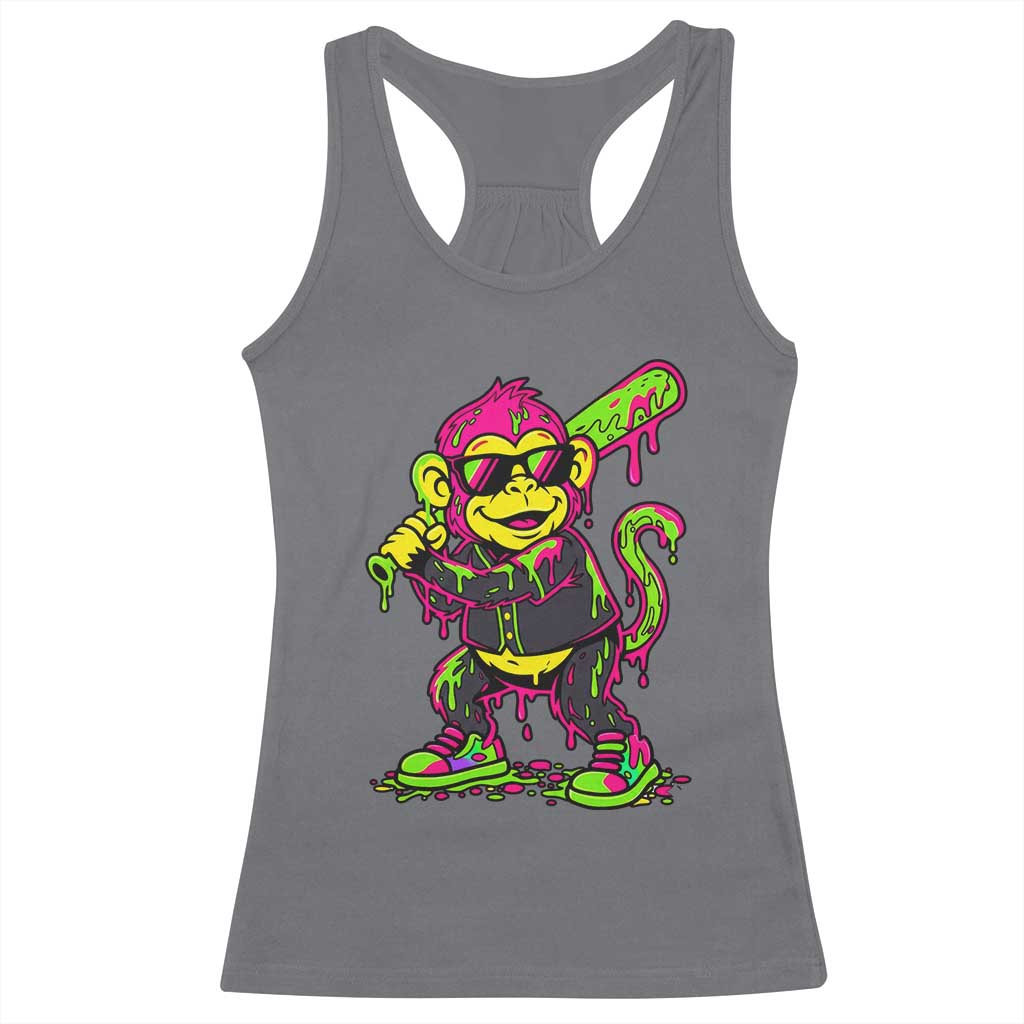 Neon Dripping Monkey Baseball Graphic Racerback Tank Top Ball Party Game Day Vibes TS02 Charcoal Print Your Wear