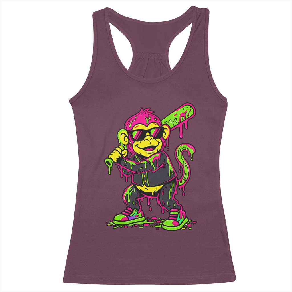 Neon Dripping Monkey Baseball Graphic Racerback Tank Top Ball Party Game Day Vibes TS02 Maroon Print Your Wear