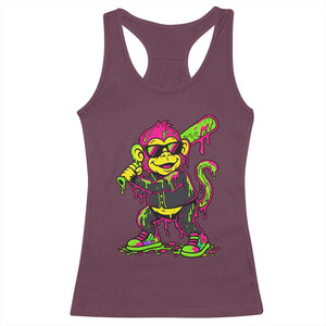 Neon Dripping Monkey Baseball Graphic Racerback Tank Top Ball Party Game Day Vibes TS02 Maroon Print Your Wear