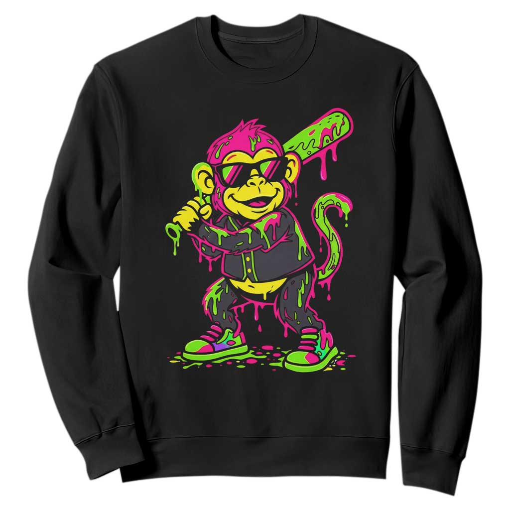 Neon Dripping Monkey Baseball Graphic Sweatshirt Ball Party Game Day Vibes TS02 Black Print Your Wear