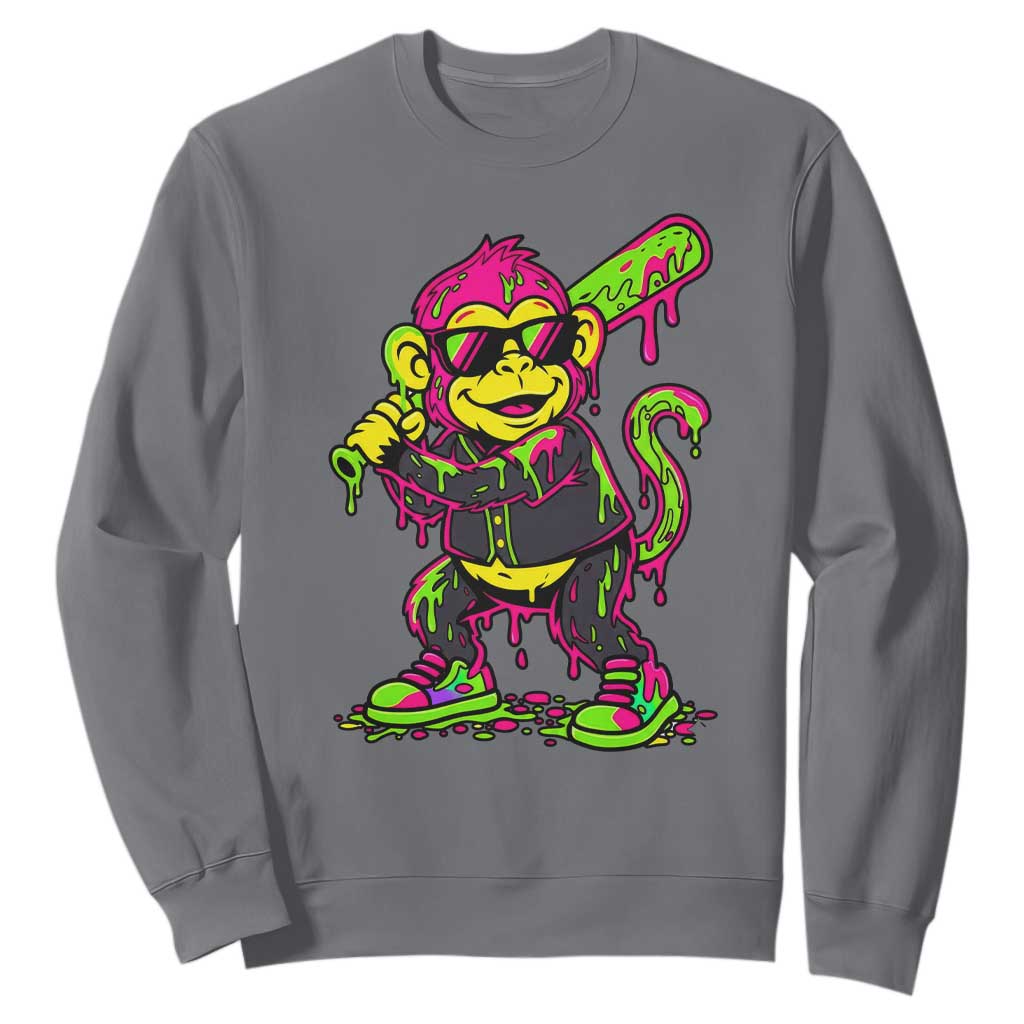 Neon Dripping Monkey Baseball Graphic Sweatshirt Ball Party Game Day Vibes TS02 Charcoal Print Your Wear