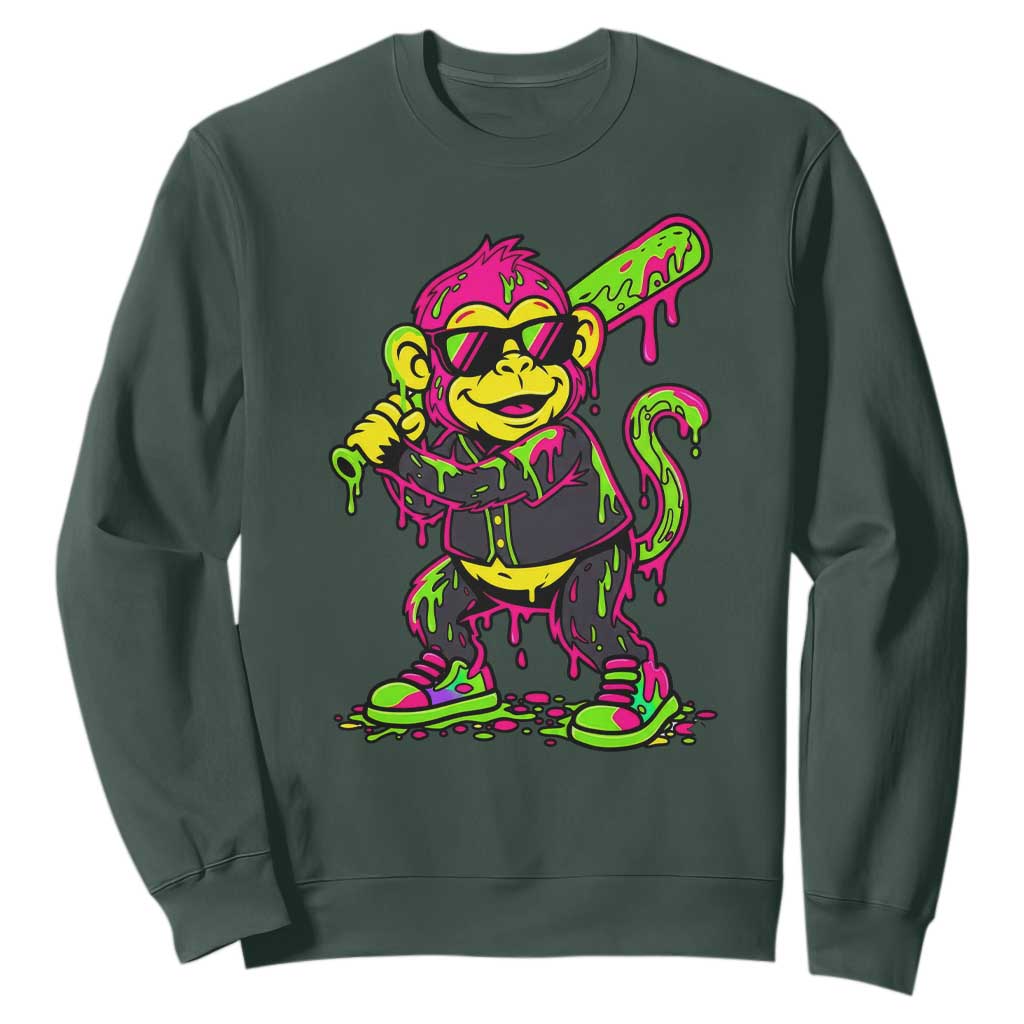 Neon Dripping Monkey Baseball Graphic Sweatshirt Ball Party Game Day Vibes TS02 Dark Forest Green Print Your Wear