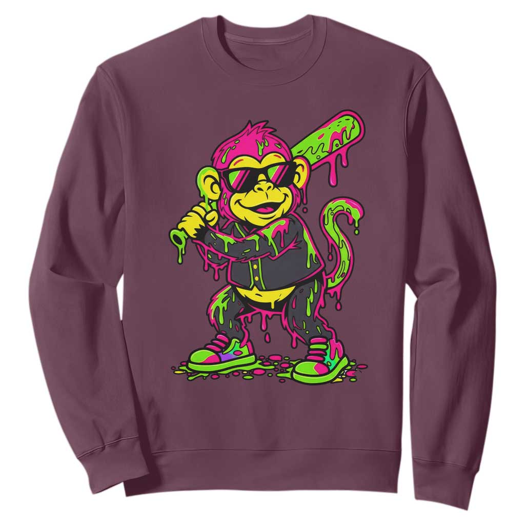 Neon Dripping Monkey Baseball Graphic Sweatshirt Ball Party Game Day Vibes TS02 Maroon Print Your Wear